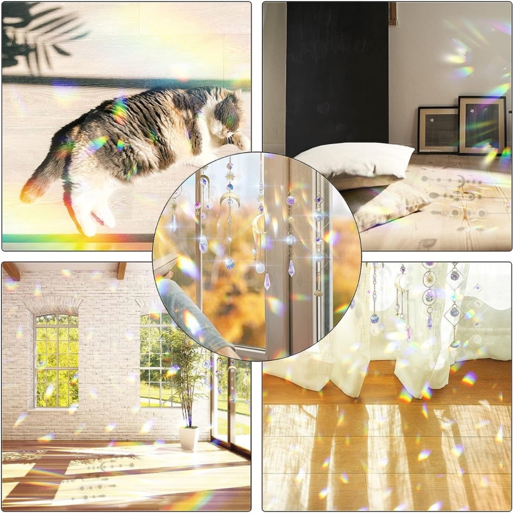 Boho Crystal Suncatcher Moon Chain Pendant Prisms for Window Party Garden Decor - Picture 3 of 7